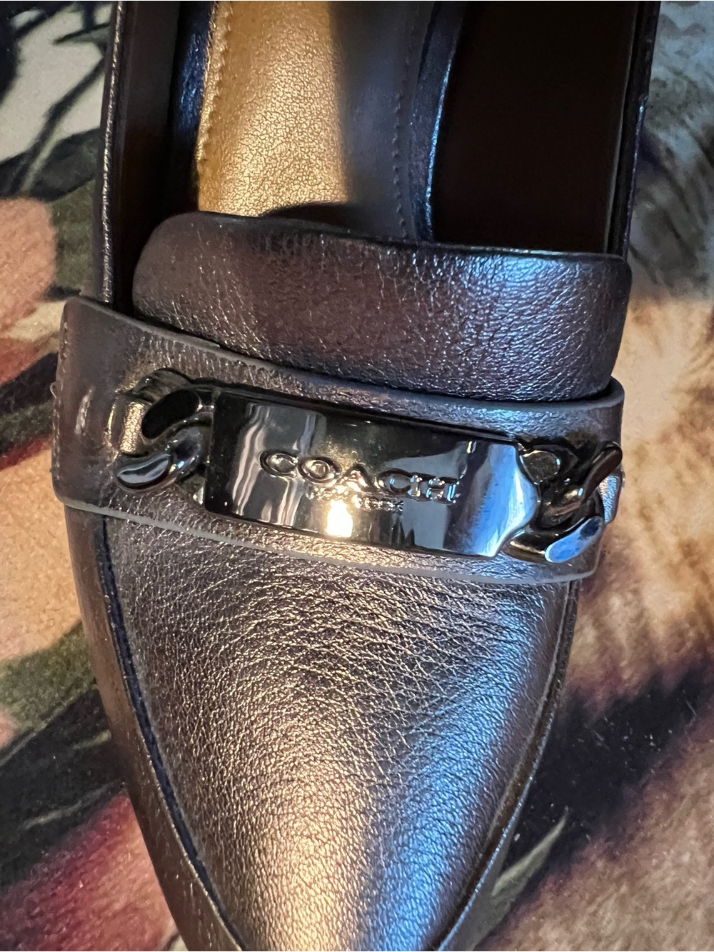 COACH Metallic Silver Calf Leather Pointed Loafers with Coach Plate Accent - Picture 2 of 4